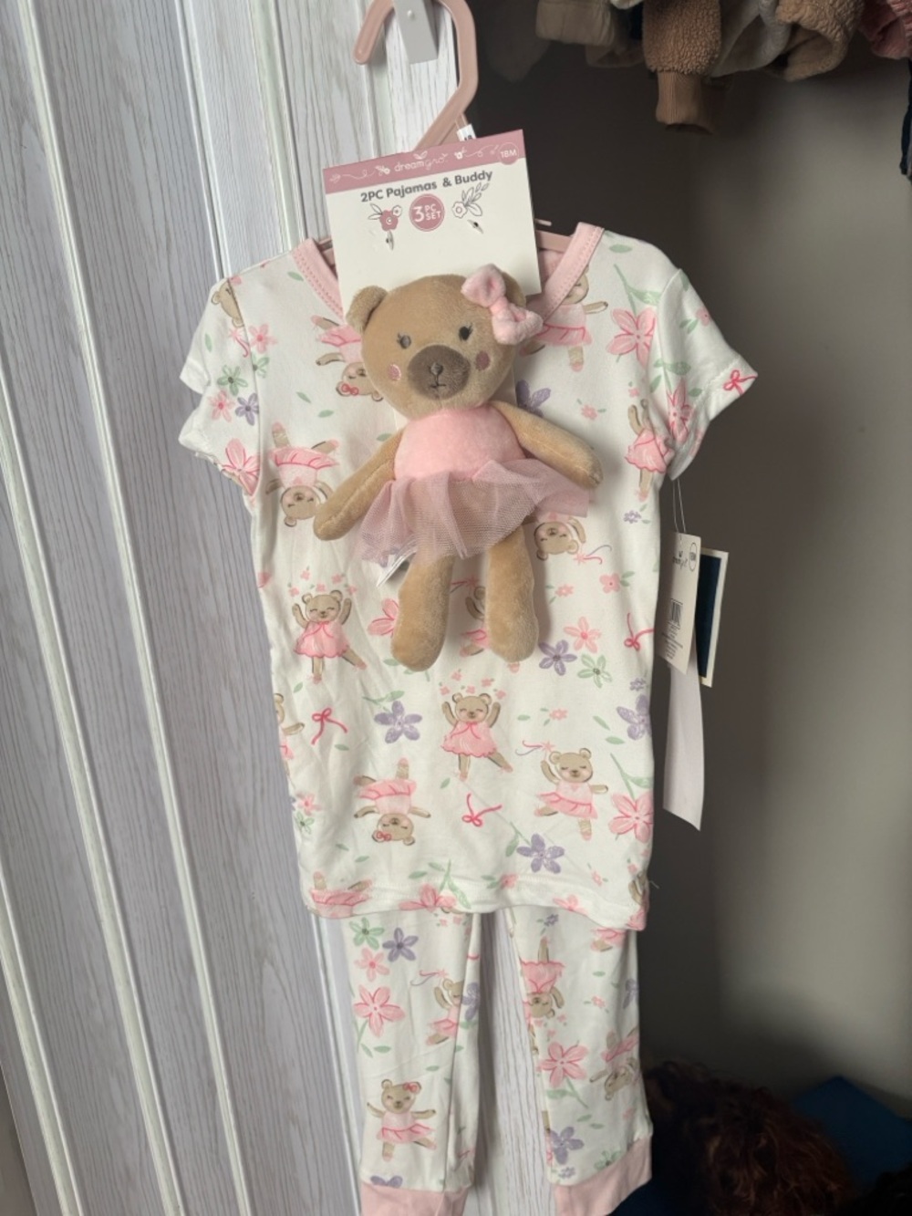 Girls Pink Floral Bear Pajama Set with Plush Bear